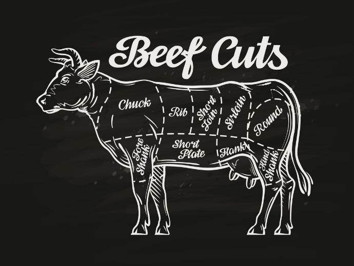 Cuts of Beef: This chart illustrates what cuts of beef come from which parts of a steer.