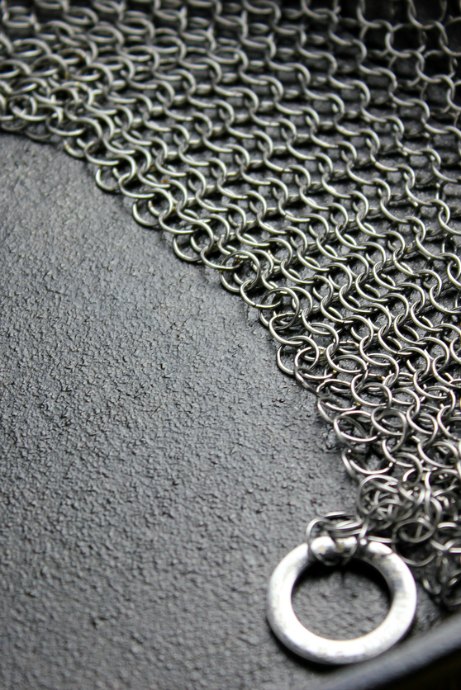 Cast Iron Cookware: Use water and salt to clean stubborn spots, or chain mail (like in the photo above), but be sure to dry your pan fully before putting it away.