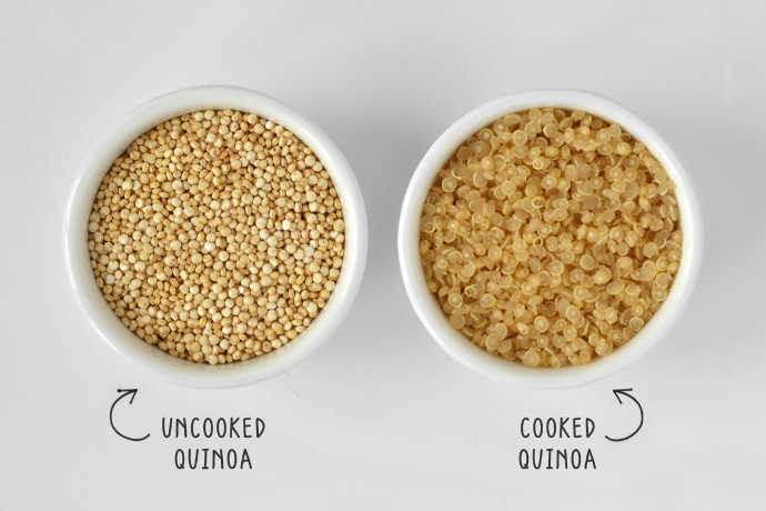 Quinoa Recipes: Uncooked quinoa is a tiny, dry seed. Cooked quinoa bursts open and is tender.