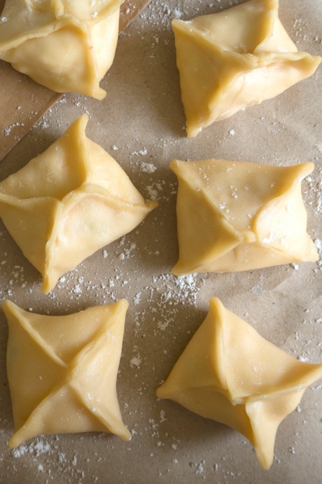 Wonton Wrappers: Instead of pinching the edges into a purse, line them up and press together. Then seal the X with egg wash to make it extra crunchy.