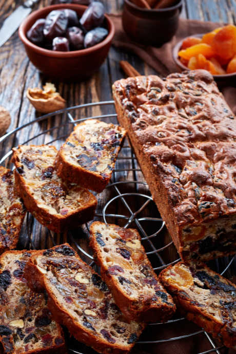 Fruitcake: The fruit and nuts should be soaked in liquor for two days or more before mixing them into the batter and baking the cakes. After baking, keep it in a cool, dry location for a month at minimum.