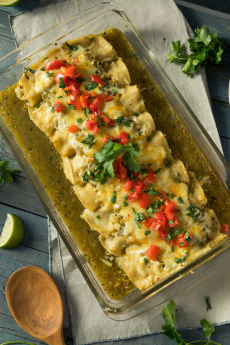 Homemade Enchiladas: Choose from red or green sauce, depending on your personal preference. Red sauce is made from red chiles, and green sauce is made from green chiles and tomatillos.