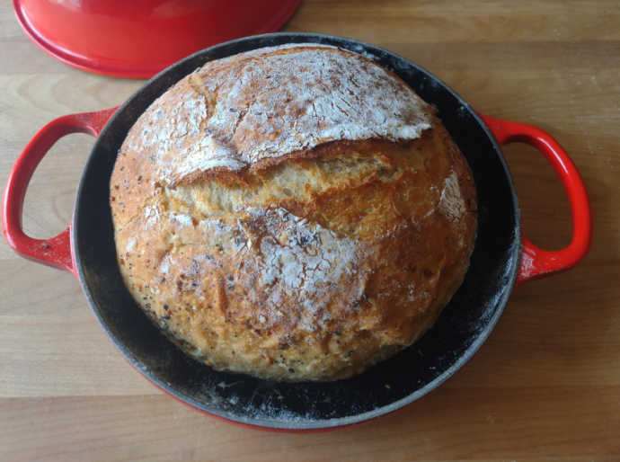 While this Easy No-Knead Everything Rye Bread was designed to celebrate the launch of Le Creuset’s Bread Oven, you can bake this recipe using any Dutch oven.