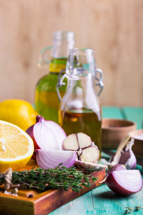 Homemade Salad Dressing: Typical recipes use differing ratios of oils, vinegars, lemon or lime juice, and seasonings. Ingredients like garlic and honey are common in many salad dressings, along with herbs like thyme, basil, chives, and parsley.