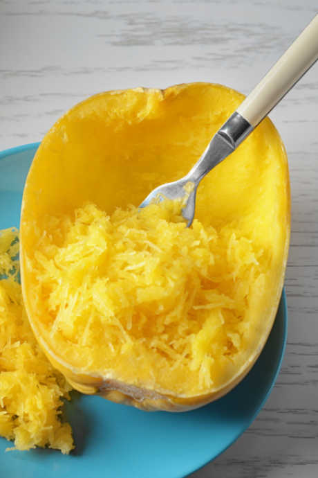 Spaghetti Squash: Use a large, sharp knife to cut the squash in half from stem end to blossom end. Then use a spoon to remove the seeds and pulp.