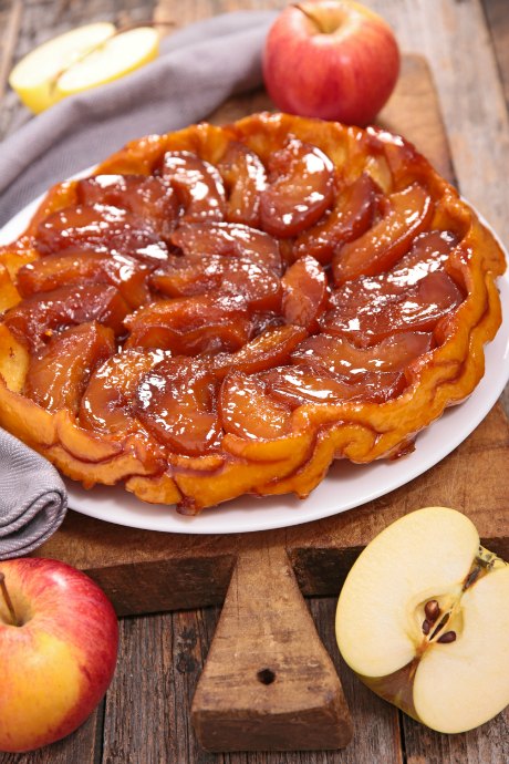 For a proper tarte Tatin, use tart apples that will hold their shape, and be careful when inverting your finished tarte