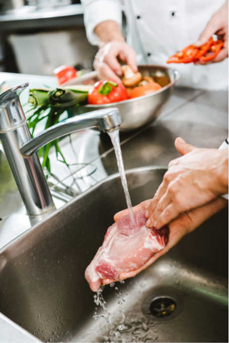 You can also use cold water to defrost meat quickly. It will take a while to thaw, so we suggest you finish the rest of your meal prep tasks as your meat defrosts. Scrub your sink afterward to be sure no bacteria are lingering.
