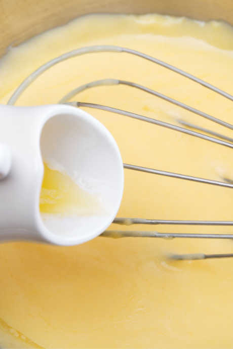 Hollandaise Sauce: Slowly add melted butter to the egg yolks. If you add too much butter at once, it won’t mix properly with the eggs. Whisk with one hand as you add butter with the other hand to keep the mixture moving.